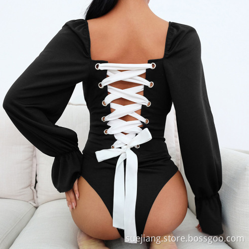 Women Long Sleeve Back Lace Up Bodysuit
